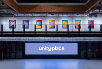 Unity Place entrace with screen and pop art